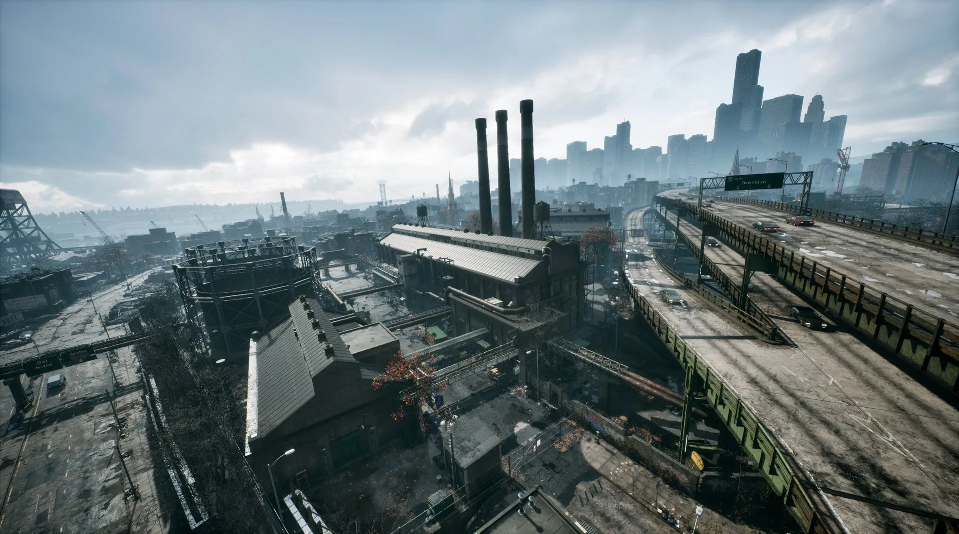 Wide view of Tyndalston with industrial buildings, elevated roads, and the city skyline.