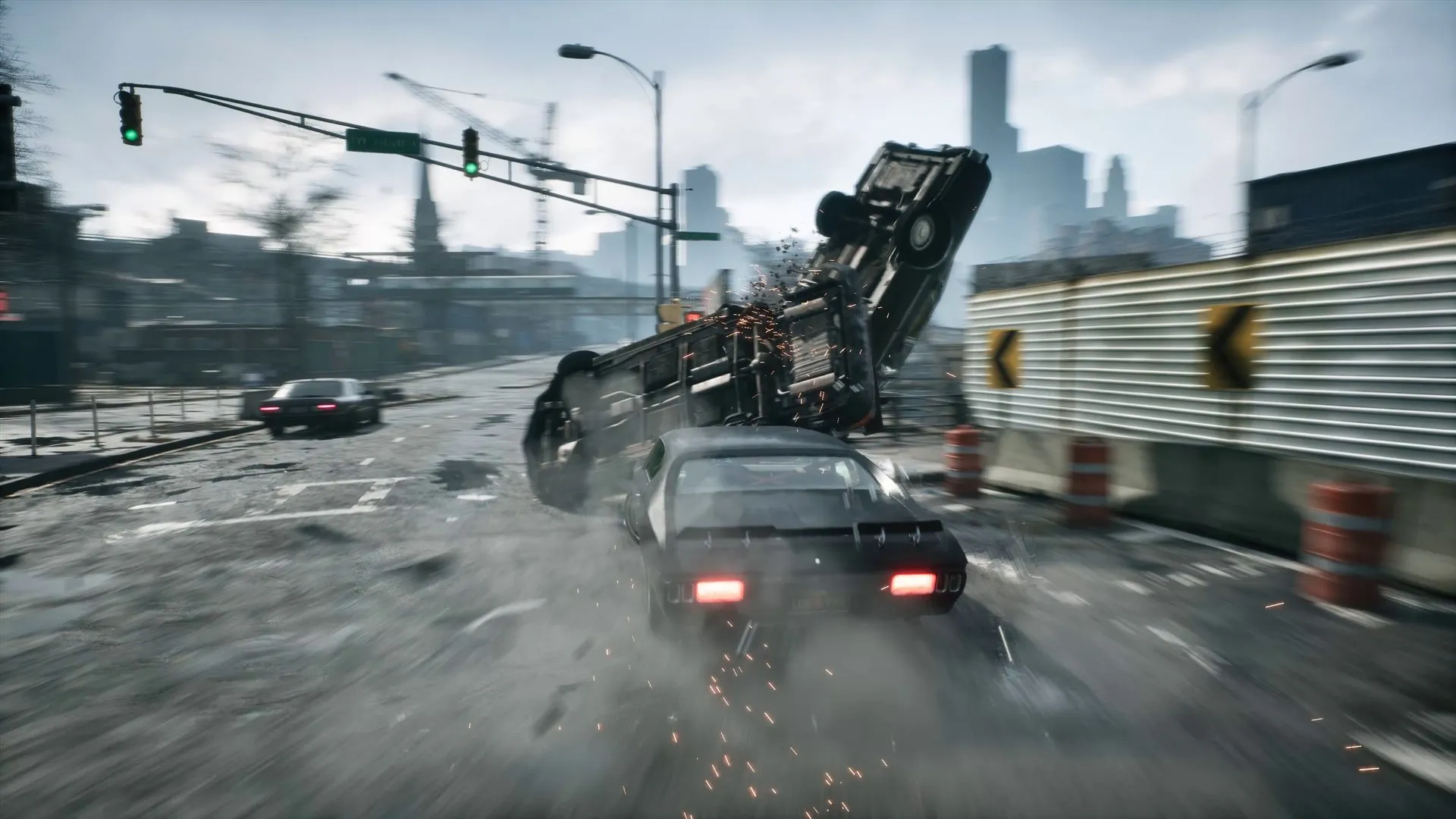 A vehicle flips during a crash on a city road, with sparks and debris.